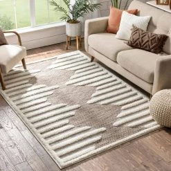 Bellagio Luna Tribal Moroccan Trellis Beige 5 ft. 3 in. x 7 ft. 3 in. High-Low Flat-Weave Area Rug by Well Woven -Linon Home Decor Sales beige well woven area rugs bg 52 5 31 1000