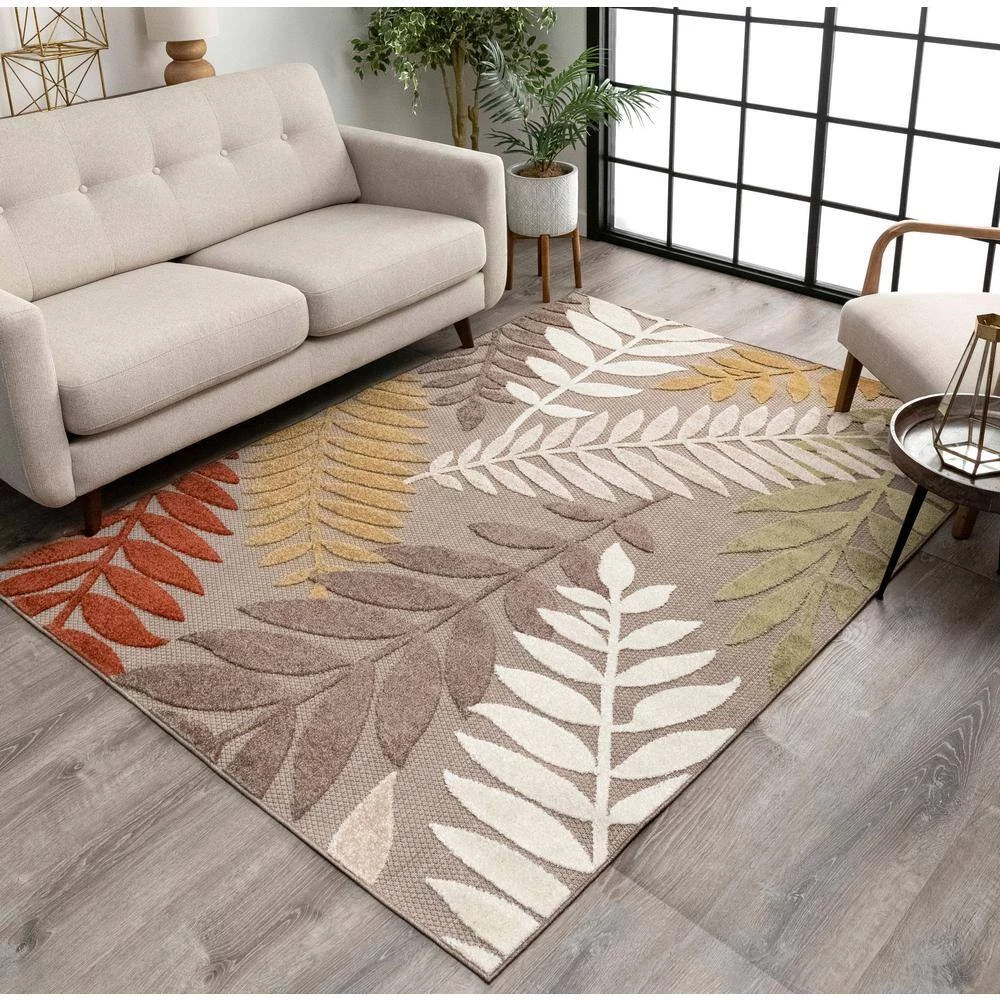 Dorado Mariah Modern Tropical Leaves Beige Hight-Low Indoor/Outdoor 7 ft. 10 in. x 9 ft. 10 in. Area Rug by Well Woven 4 Dorado Mariah Modern Tropical Leaves Beige Hight-Low Indoor/Outdoor 7 ft. 10 in. x 9 ft. 10 in. Area Rug by Well Woven - Image 2