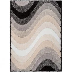 Logan Lowry Abstract Waves Shag Black Ivory 7 ft. 5 in. x 9 ft. 10 in. 3D Textured Area Rug by Well Woven