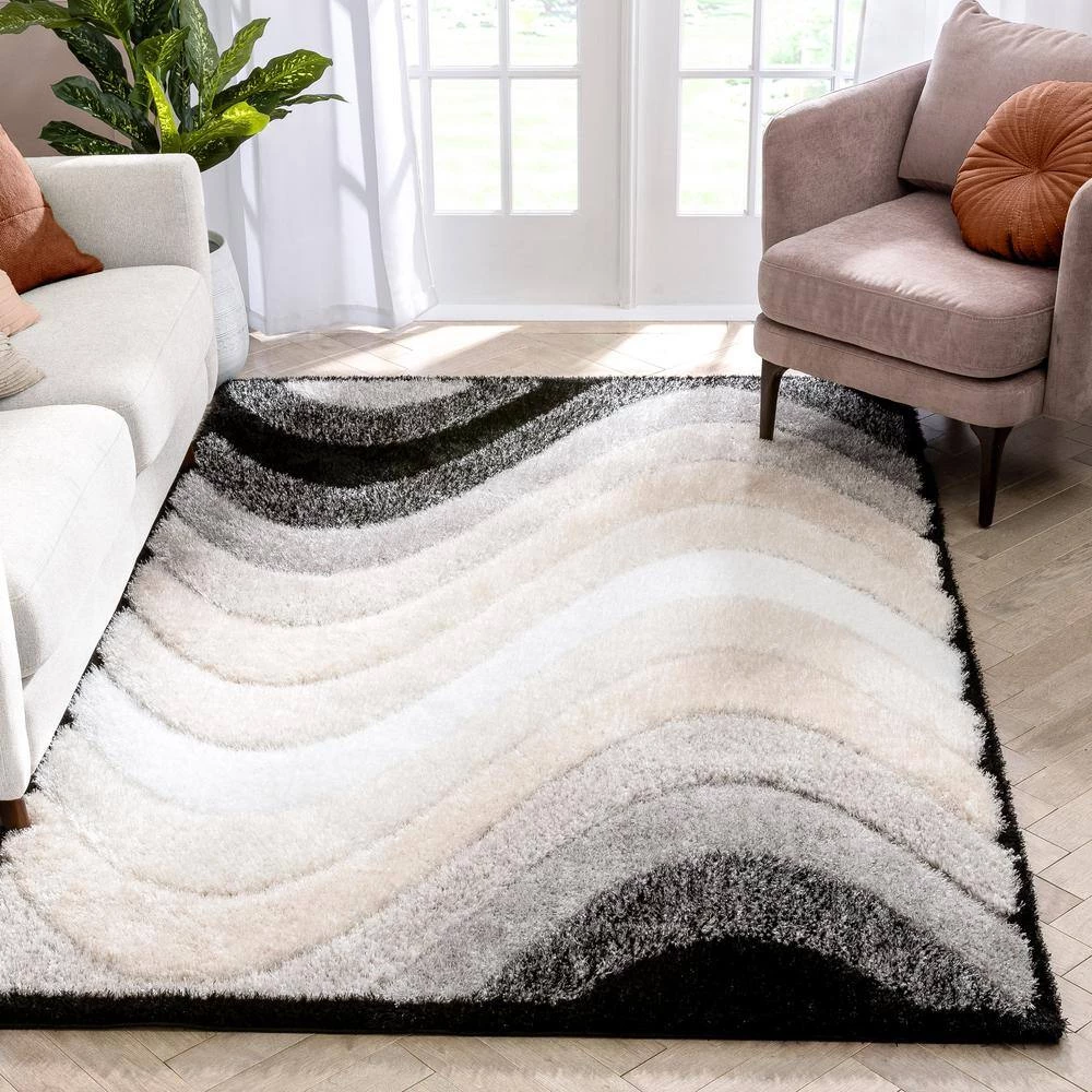 Logan Lowry Abstract Waves Shag Black Ivory 7 ft. 5 in. x 9 ft. 10 in. 3D Textured Area Rug by Well Woven 5 Logan Lowry Abstract Waves Shag Black Ivory 7 ft. 5 in. x 9 ft. 10 in. 3D Textured Area Rug by Well Woven - Image 3