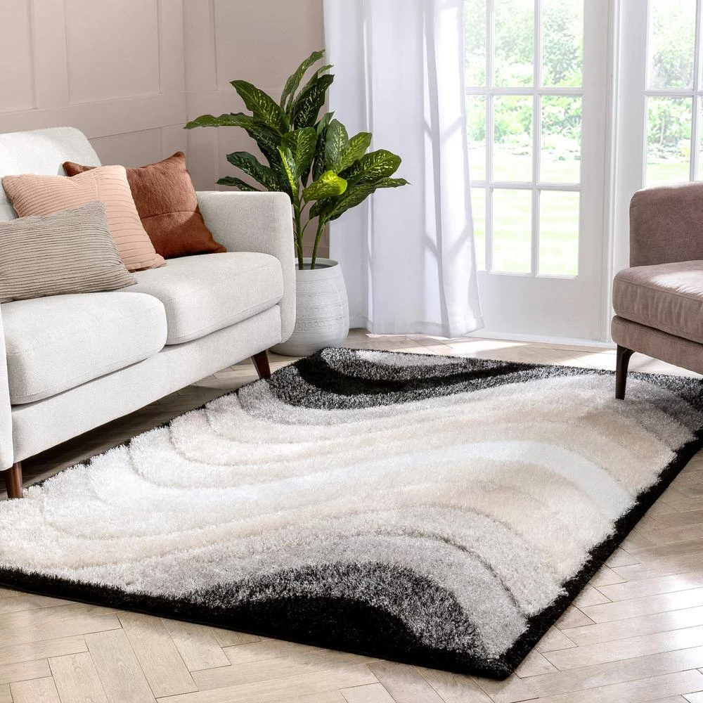 Logan Lowry Abstract Waves Shag Black Ivory 7 ft. 5 in. x 9 ft. 10 in. 3D Textured Area Rug by Well Woven 4 Logan Lowry Abstract Waves Shag Black Ivory 7 ft. 5 in. x 9 ft. 10 in. 3D Textured Area Rug by Well Woven - Image 2