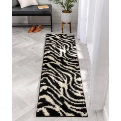 Madison Shag Safari Zebra Black 2 ft. x 7 ft. Contemporary Geometric Runner Rug by Well Woven -Linon Home Decor Sales black well woven area rugs 70332 c3 1000