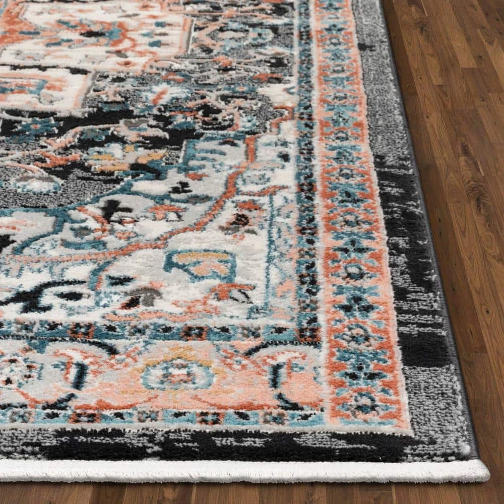 Indira Minos Black Vintage Bohemian Oriental Floral 5 ft. 3 in. x 7 ft. 3 in. Textured Area Rug by Well Woven 7 Indira Minos Black Vintage Bohemian Oriental Floral 5 ft. 3 in. x 7 ft. 3 in. Textured Area Rug by Well Woven - Image 5