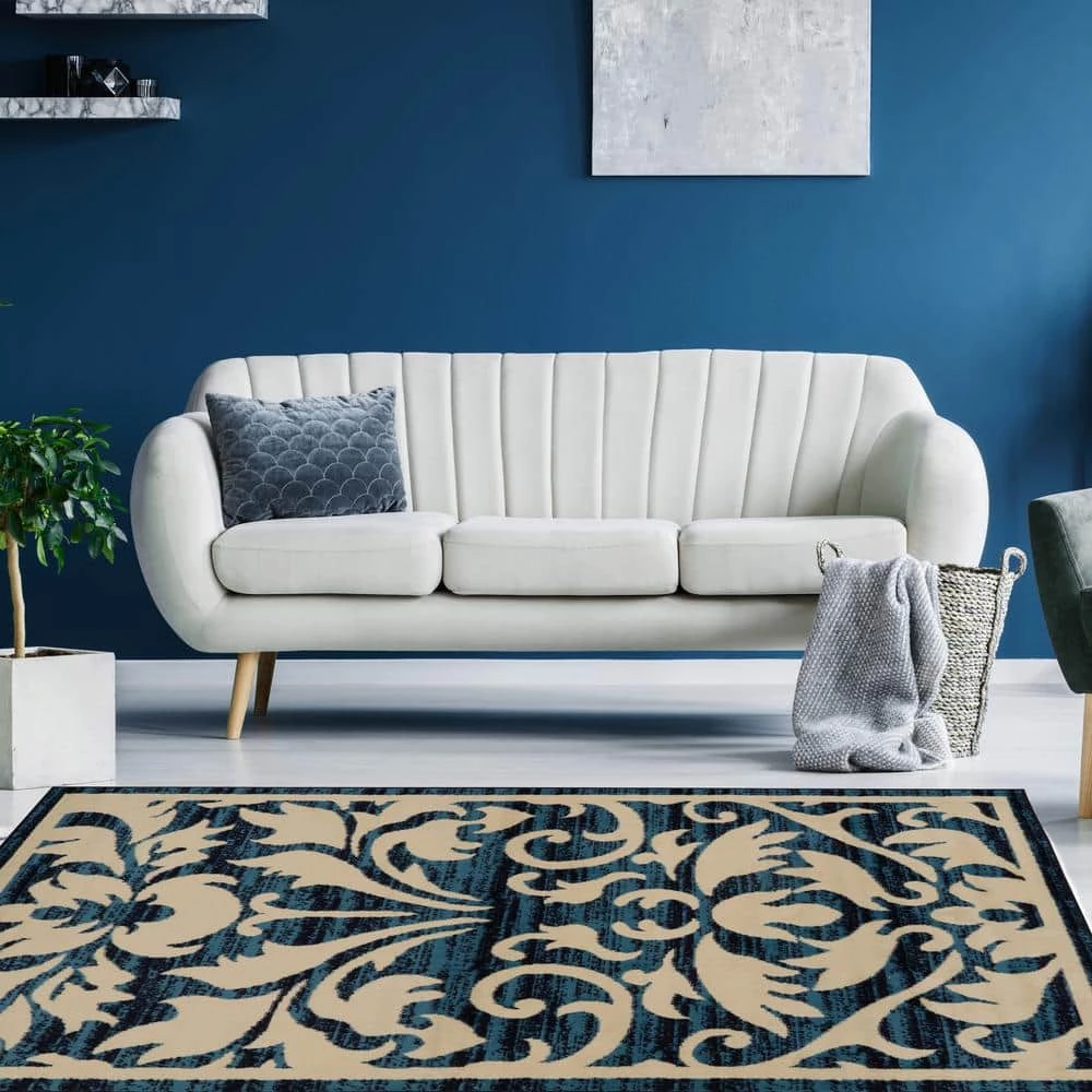 Kobe Damask Blue and Bone 4 ft. 4 in. x 7 ft. 3 in. Area Rug by Linon Home Decor 7 Kobe Damask Blue and Bone 4 ft. 4 in. x 7 ft. 3 in. Area Rug by Linon Home Decor - Image 5