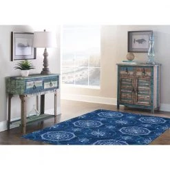 Washable Nautical Blue/Ivory 5 ft. x 7 ft. Rectangle Abstract Area Rug by Linon Home Decor -Linon Home Decor Sales blue ivory linon home decor area rugs thd03355 31 1000