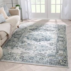 Farah Novalie Blue 7 ft. 10 in. x 9 ft. 10 in. Vintage Patchwork Botanical Border Area Rug by Well Woven -Linon Home Decor Sales blue well woven area rugs fa 54 7 c3 1000