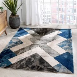 Good Vibes Rosa Blue Modern Geometric Triangles 3 ft. 11 in. x 5 ft. 3 in. High-Low Area Rug by Well Woven -Linon Home Decor Sales blue well woven area rugs gv 104 4 c3 1000