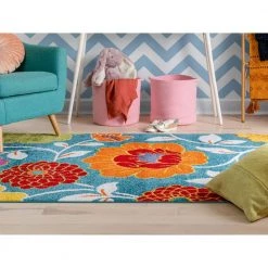 StarBright Daisy Flowers Blue 5 ft. x 7 ft. Kids Area Rug by Well Woven -Linon Home Decor Sales blue well woven kids rugs 09265 76 1000