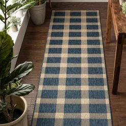 Medusa Freya Blue Checkered 2 ft. 7 in. x 9 ft. 10 in. Indoor/Outdoor Runner Rug by Well Woven -Linon Home Decor Sales blue well woven outdoor rugs med 74 2l c3 1000