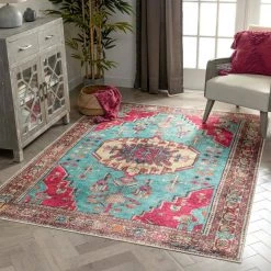 Lotus Shasta Blush Turquoise Vintage Bohemian Medallion 5 ft. 3 in. x 7 ft. 3 in. Machine Washable Area Rug by Well Woven -Linon Home Decor Sales blush turquoise well woven area rugs lot 79 5 c3 1000