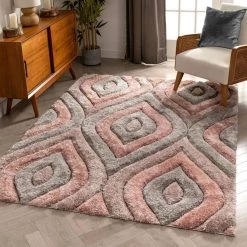 San Francisco Malibu Blush Modern Geometric Trellis Ogee 5 ft. 3 in. x 7 ft. 3 in. 3D Carved Shag Area Rug by Well Woven -Linon Home Decor Sales blush well woven area rugs sf 19 5 c3 1000