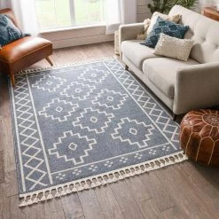 Loop-De-Loop Mica Denim Blue Southwestern Tribal Geometric 5 ft. 3 in. x 7 ft. 3 in. Flatweave Area Rug by Well Woven -Linon Home Decor Sales denim blue well woven area rugs ldl 26 5 c3 1000