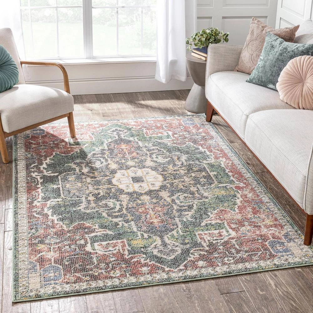 Miro Lyon Green Red Rust 7 ft. 10 in. x 9 ft. 10 in. Vintage Bohemian Medallion Oriental Botanical Area Rug by Well Woven 5 Miro Lyon Green Red Rust 7 ft. 10 in. x 9 ft. 10 in. Vintage Bohemian Medallion Oriental Botanical Area Rug by Well Woven - Image 3