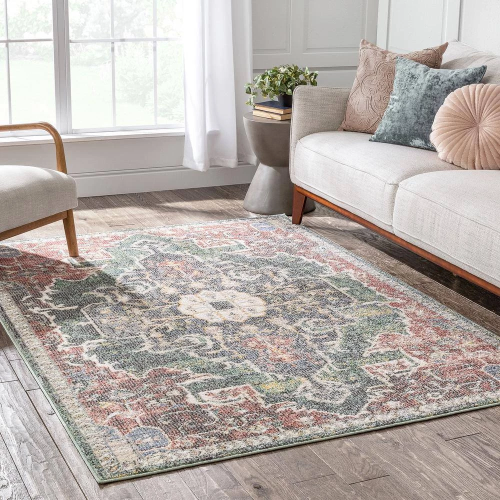 Miro Lyon Green Red Rust 7 ft. 10 in. x 9 ft. 10 in. Vintage Bohemian Medallion Oriental Botanical Area Rug by Well Woven 4 Miro Lyon Green Red Rust 7 ft. 10 in. x 9 ft. 10 in. Vintage Bohemian Medallion Oriental Botanical Area Rug by Well Woven - Image 2