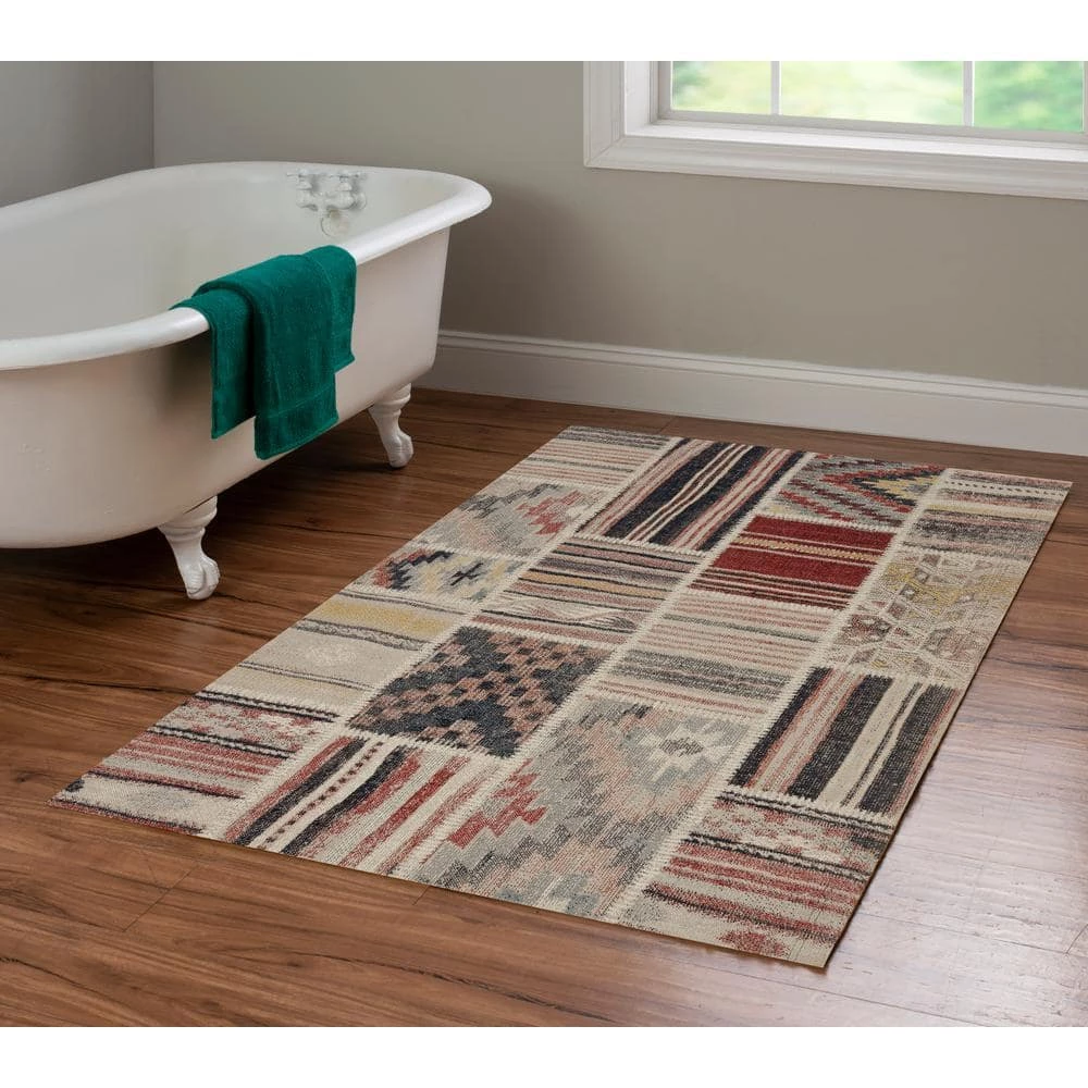 Puissant Zero Giles Ivory and Blue 3 ft. x 5 ft. Area Rug by Linon Home Decor 6 Puissant Zero Giles Ivory and Blue 3 ft. x 5 ft. Area Rug by Linon Home Decor - Image 4