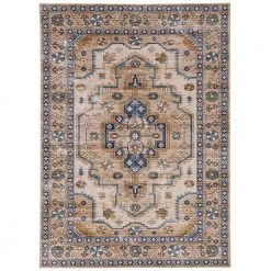 Washable Jackson Ivory and Gold 5 ft. x 7 ft. Distressed Polyester Area Rug by Linon Home Decor