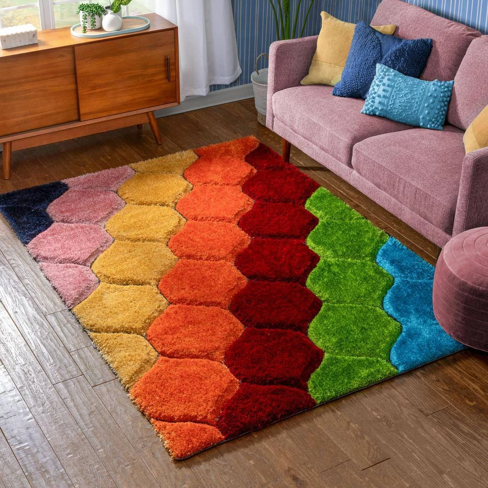 San Francisco Rainbow Modern Geometric Shag Multi 3 ft. 11 in. x 5 ft. 3 in. 3D Textured Super Soft and Thick Area Rug by Well Woven 4 San Francisco Rainbow Modern Geometric Shag Multi 3 ft. 11 in. x 5 ft. 3 in. 3D Textured Super Soft and Thick Area Rug by Well Woven - Image 2