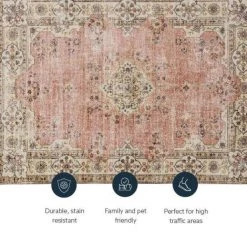 Washable Blaire Pink and Ivory 5 ft. x 7 ft. Distressed Polyester Area Rug by Linon Home Decor -Linon Home Decor Sales pink ivory linon home decor area rugs thd03058 1f 1000