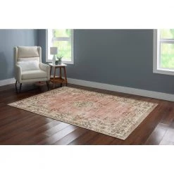 Washable Blaire Pink and Ivory 5 ft. x 7 ft. Distressed Polyester Area Rug by Linon Home Decor -Linon Home Decor Sales pink ivory linon home decor area rugs thd03058 31 1000