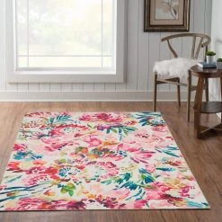 Washable Janelle Raspberry/Ivory 5 ft. x 7 ft. Floral Rectangle Area Rug by Linon Home Decor -Linon Home Decor Sales raspberry ivory linon home decor area rugs thd03319 31 1000