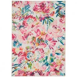 Washable Janelle Raspberry/Ivory 5 ft. x 7 ft. Floral Rectangle Area Rug by Linon Home Decor
