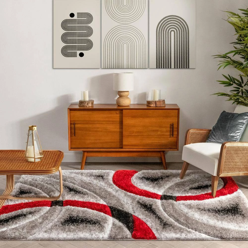 San Francisco Oahu Red Modern Geometric Arcs and Shapes 5 ft. 3 in. x 7 ft. 3 in. 3D Carved Shag Area Rug by Well Woven 4 San Francisco Oahu Red Modern Geometric Arcs and Shapes 5 ft. 3 in. x 7 ft. 3 in. 3D Carved Shag Area Rug by Well Woven - Image 2
