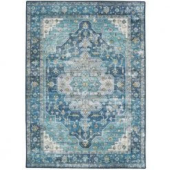 Washable Alana Teal/Ivory 5 ft. x 7 ft. Abstract Rectangle Area Rug by Linon Home Decor