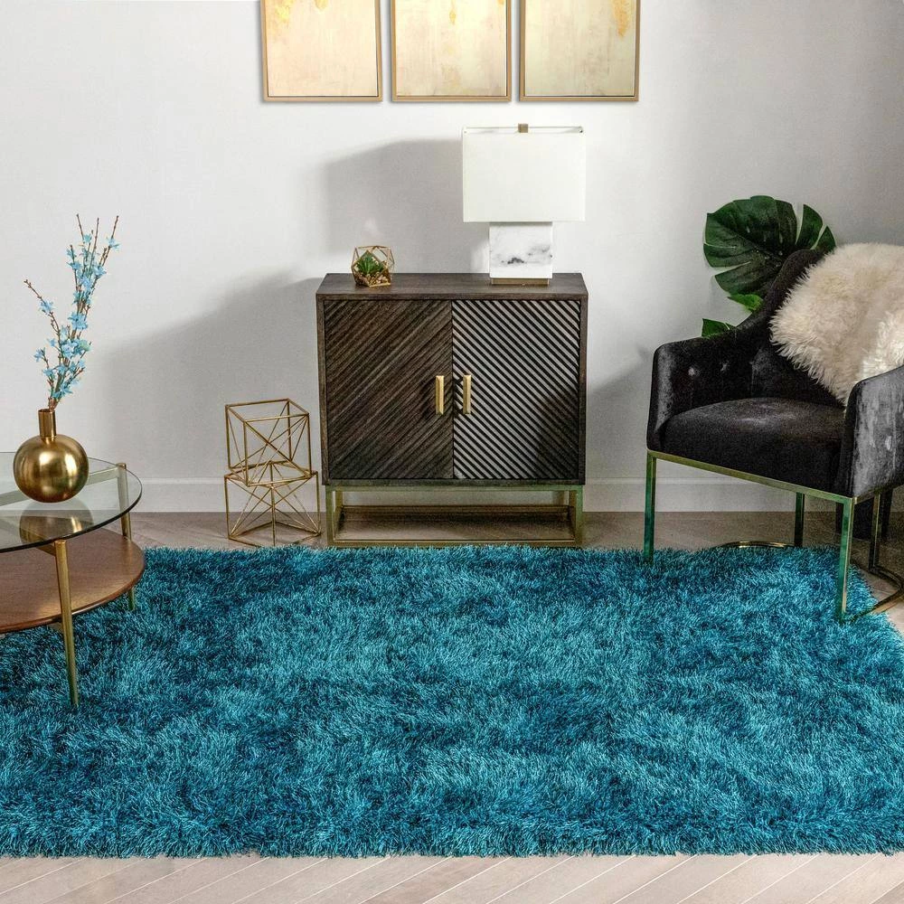 Kuki Chie Glam Solid Textured Ultra-Soft Teal 7 ft. 10 in. x 9 ft. 10 in. 2-Tone Shag Area Rug by Well Woven 5 Kuki Chie Glam Solid Textured Ultra-Soft Teal 7 ft. 10 in. x 9 ft. 10 in. 2-Tone Shag Area Rug by Well Woven - Image 3
