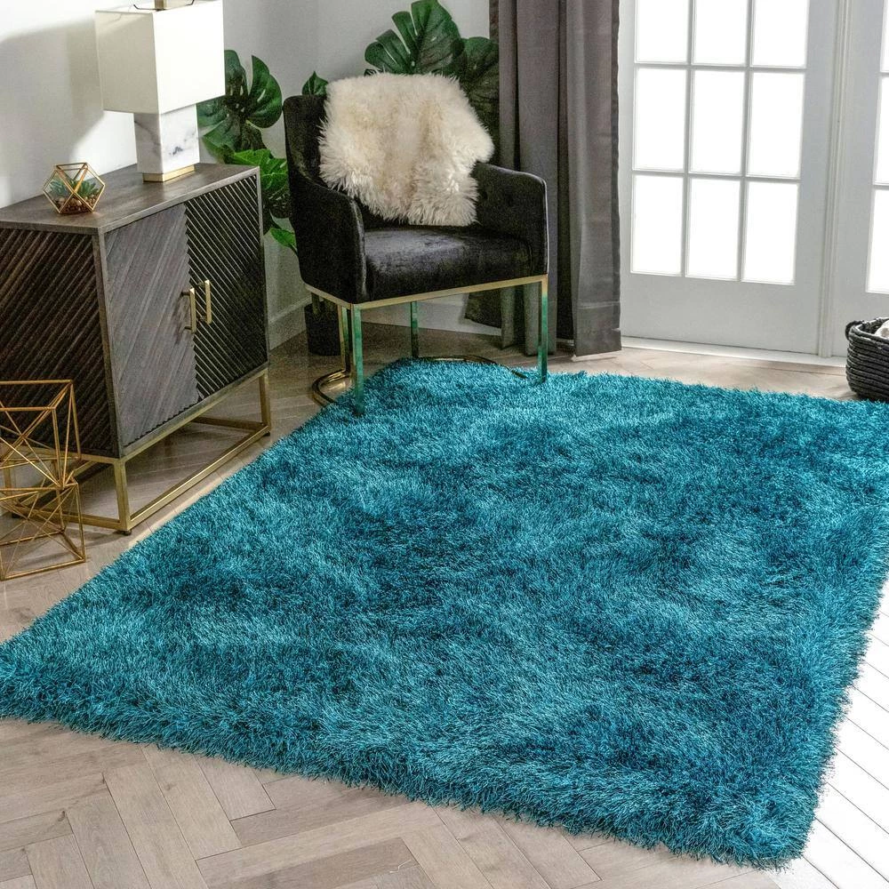 Kuki Chie Glam Solid Textured Ultra-Soft Teal 7 ft. 10 in. x 9 ft. 10 in. 2-Tone Shag Area Rug by Well Woven 6 Kuki Chie Glam Solid Textured Ultra-Soft Teal 7 ft. 10 in. x 9 ft. 10 in. 2-Tone Shag Area Rug by Well Woven - Image 4