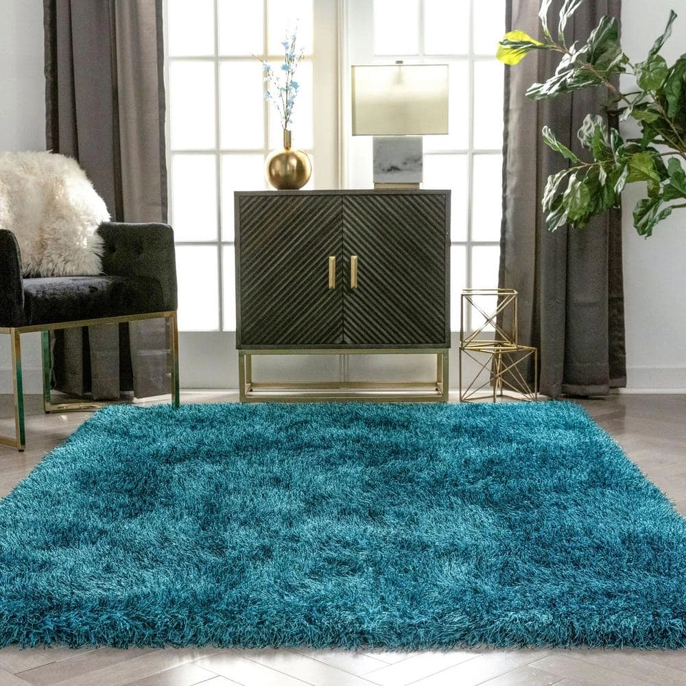 Kuki Chie Glam Solid Textured Ultra-Soft Teal 7 ft. 10 in. x 9 ft. 10 in. 2-Tone Shag Area Rug by Well Woven 4 Kuki Chie Glam Solid Textured Ultra-Soft Teal 7 ft. 10 in. x 9 ft. 10 in. 2-Tone Shag Area Rug by Well Woven - Image 2